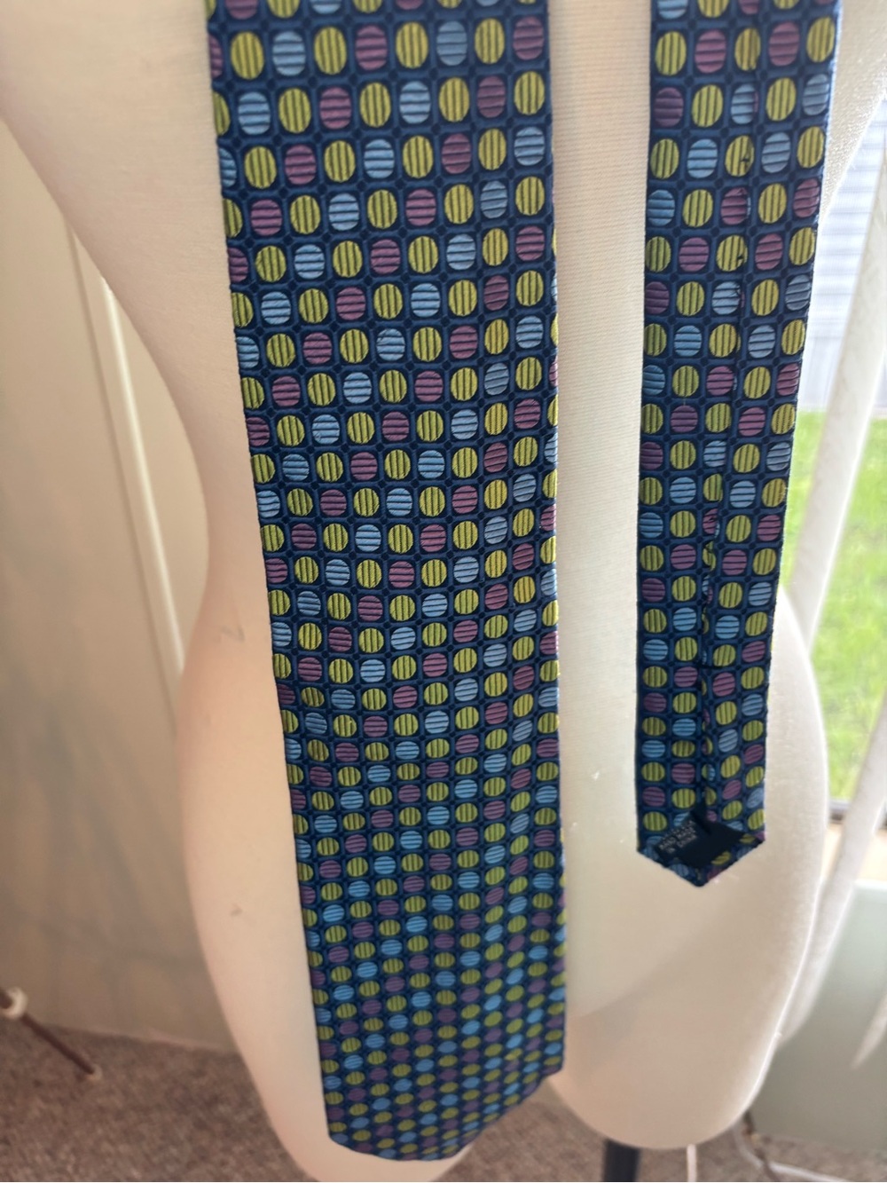 Paul Fredrick Navy Silk Tie with Blue, Green, Purple, and Yellow Dot Pattern